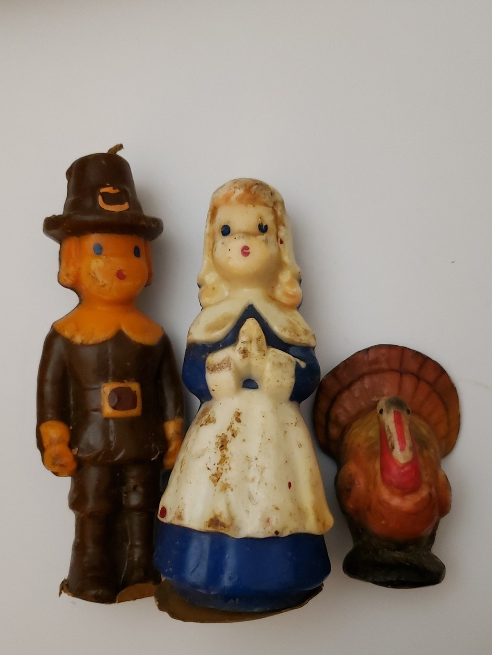 Vintage Gurley Thanksgiving Candles set. Pilgrim man+Pilgrim woman+turkey.